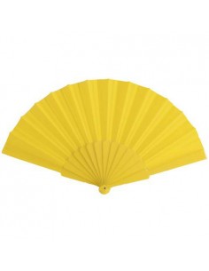 ABANICO DE TELA Y PVC PRESENTADO EN CAJA AMARILLO