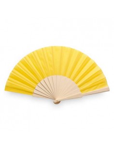 ABANICO DE TELA Y MADERA EN CAJA AMARILLO