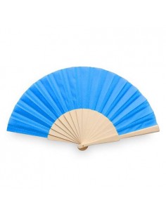 ABANICO DE TELA Y MADERA EN CAJA AZUL