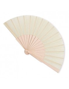 ABANICO DE TELA Y MADERA EN CAJA BEIG